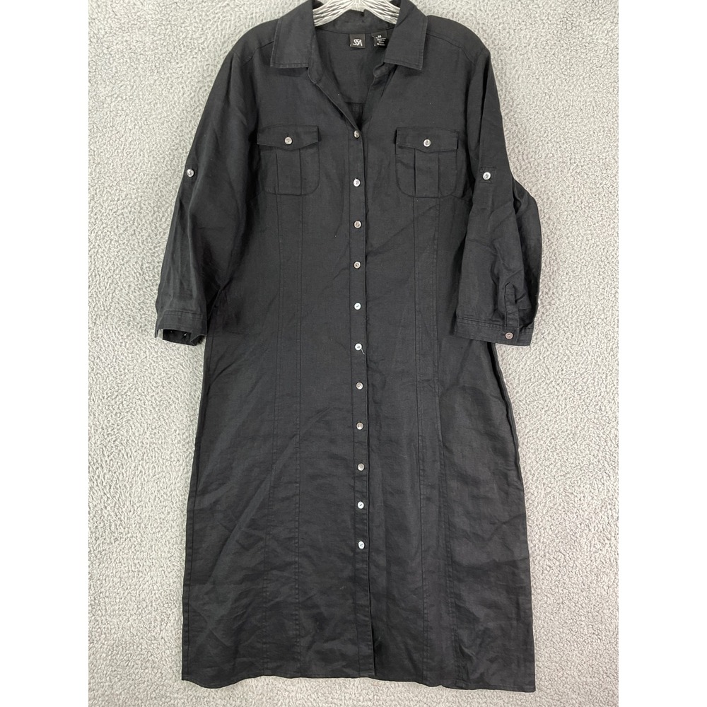 S5A Shirt Dress Womens 14 Black Excellent 100% Linen Roll-Tab 3/4 Sleeve Midi